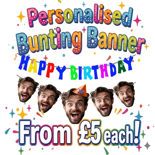 Promotional graphic for personalised birthday bunting with colorful text and faces.