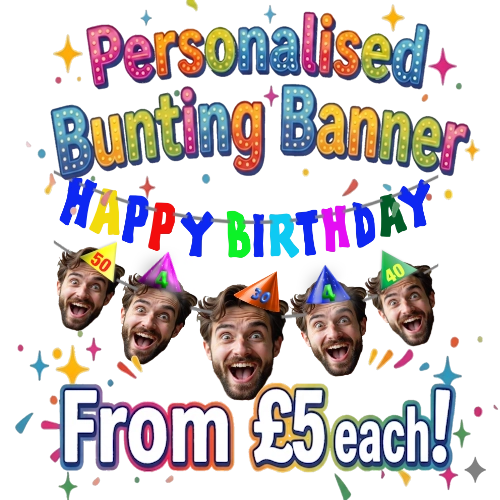 Promotional graphic for a personalized birthday banner with colorful text and faces wearing party hats.