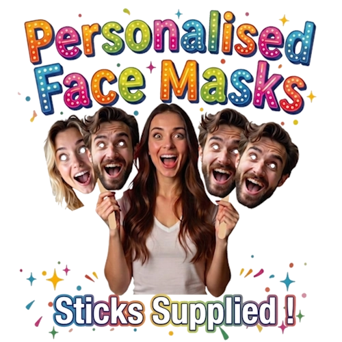 Person holding up personalized face masks with colorful text 'Personalised Face Masks' and 'Sticks Supplied!' on a white background.
