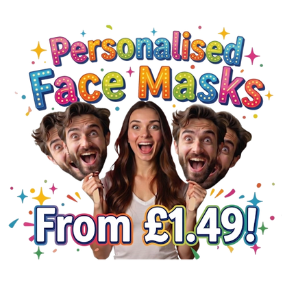 Promotional graphic for personalised face masks with colorful text and people holding masks.