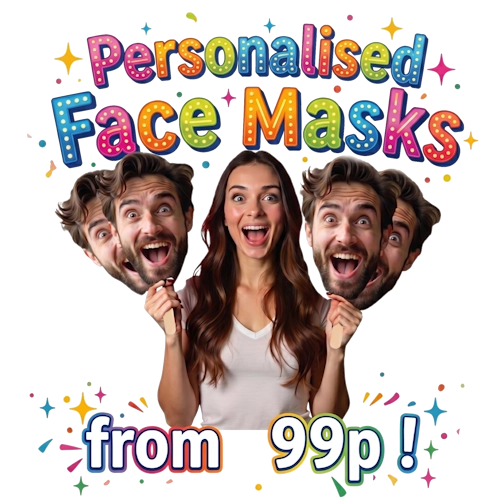 Promotional image of personalized face masks with colorful text and people holding masks.