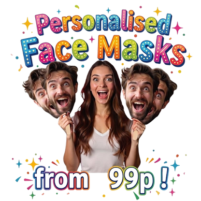 Promotional image of personalized face masks with colorful text and people holding masks.