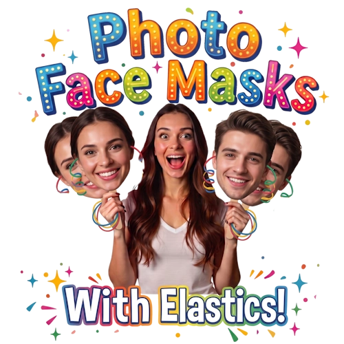 Promotional image of photo face masks with elastics featuring a woman and two men.