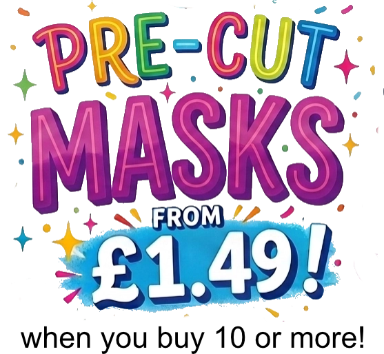 Promotional text for pre-cut masks with colorful text and price on a white background
