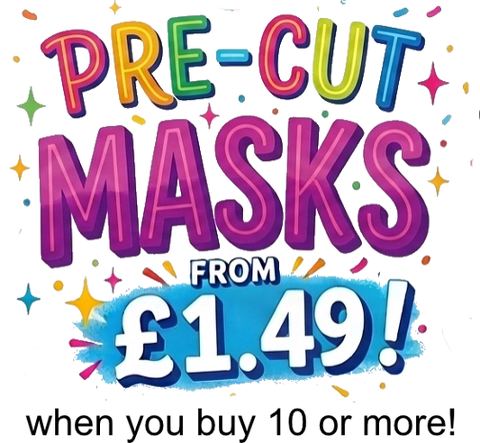 Promotional text for pre-cut masks with colorful text and price on a white background