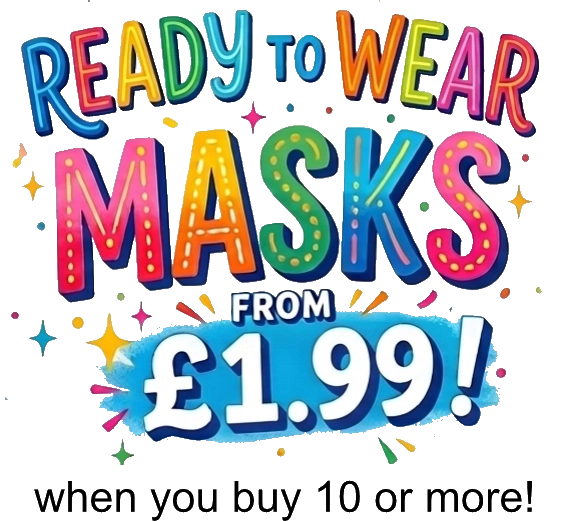 Promotional text for ready-to-wear masks with colorful text and price on a white background