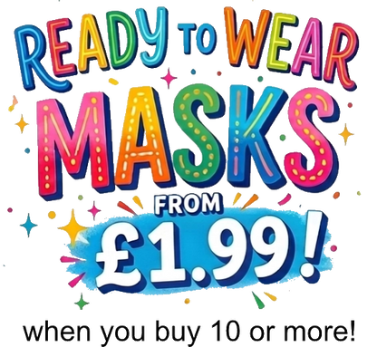 Promotional text for ready-to-wear masks with colorful text and price on a white background