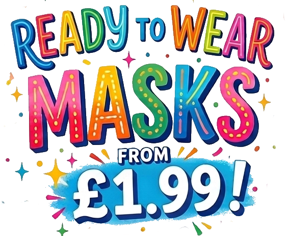Promotional text for ready-to-wear masks with colorful letters and price tag on a white background.