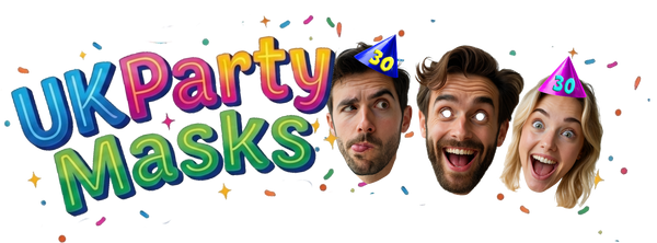 Advertisement for UK Party Masks with colorful text and three people wearing party hats.