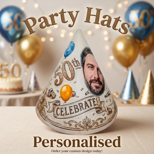 A custom printed party hat cone displayed on a tabletop with balloons, a cake, and decorative lights in the background. Large overlaid text reads 'Party Hats' at the top and 'Personalised' at the bottom, with the hat featuring a printed portrait, '50th', and 'CELEBRATE!' decoration.