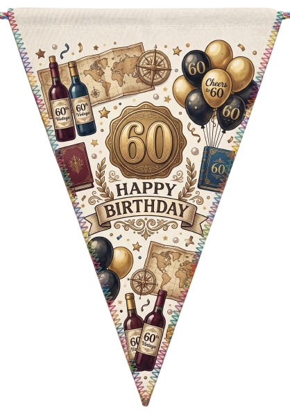 A triangular fabric birthday banner with a vintage 60th birthday design, featuring balloons, wine bottles, a compass rose, maps, and the text '60 Happy Birthday'.