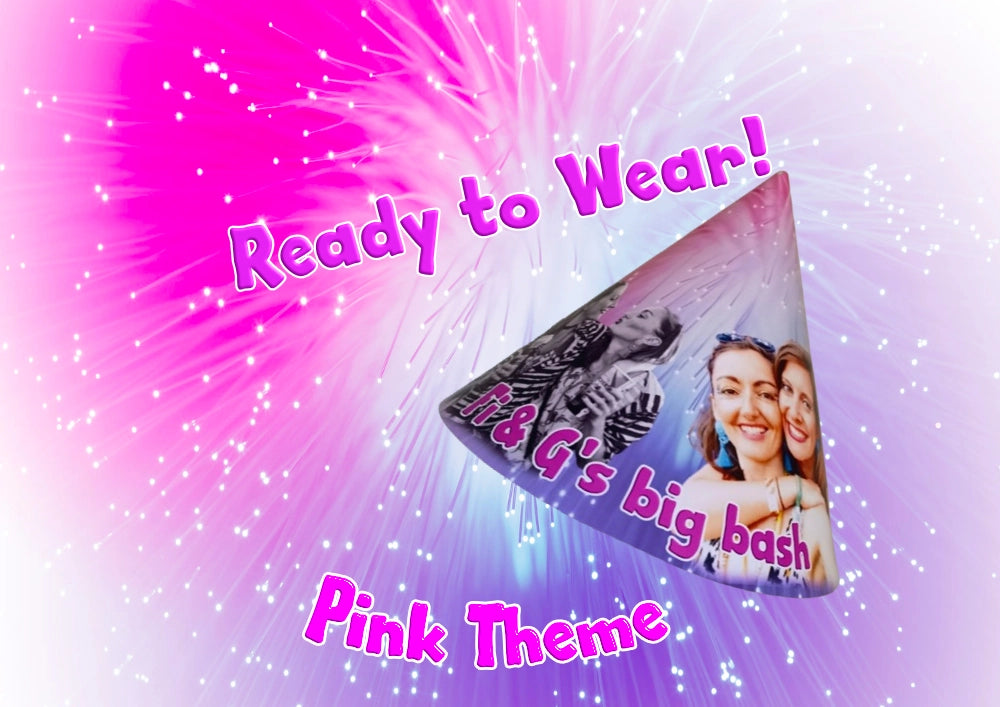 A photo party hat with a printed image of a birthday celebration, with the text 'Happy 180th Birthday' and the name 'UKPartyMasks'. Pink Theme Ready to Wear