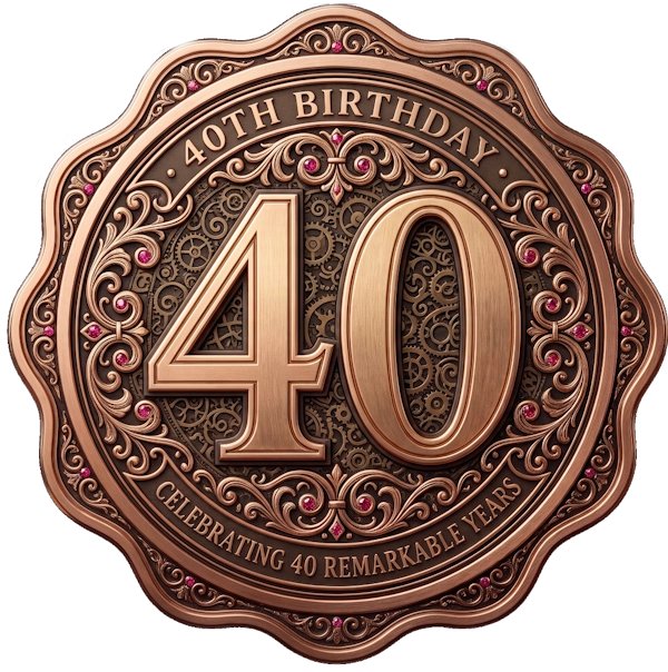 An ornate round bronze-toned medallion or plaque celebrating a 40th birthday, with large raised numerals 40, decorative scrollwork, and the text '40TH BIRTHDAY' and 'CELEBRATING 40 REMARKABLE YEARS' on a plain white background.