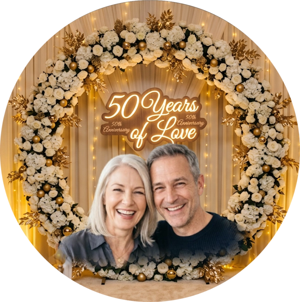 A circular custom photo backdrop featuring a large floral arch in white and gold with warm string lights, and the text '50 Years of Love' in the center. A smiling couple is pictured in the lower portion of the circular design.