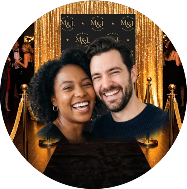 A circular photo booth backdrop featuring a black M&L logo banner, gold curtains, velvet ropes, and a smiling couple in the foreground.