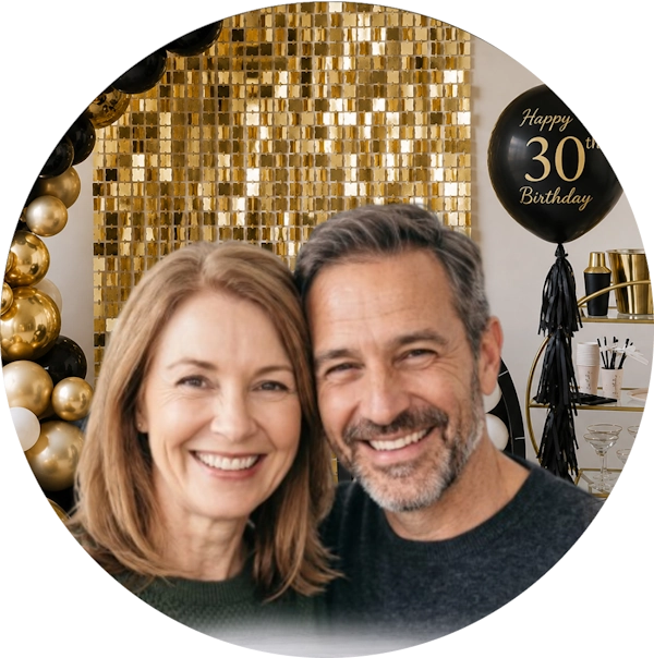 A circular photo backdrop featuring a smiling couple in the foreground, with a gold sequin wall, black and gold balloons, and a champagne bar setup in the background.
