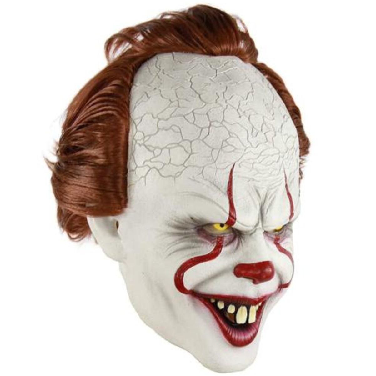 Scary pennywise clown mask with red hair on a white background