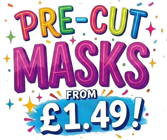 Promotional text for pre-cut masks with colorful letters and price on a white background