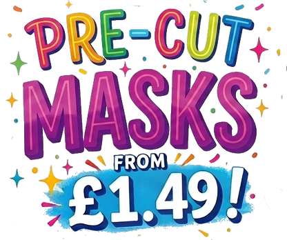Promotional text for pre-cut masks with colorful letters and price on a white background