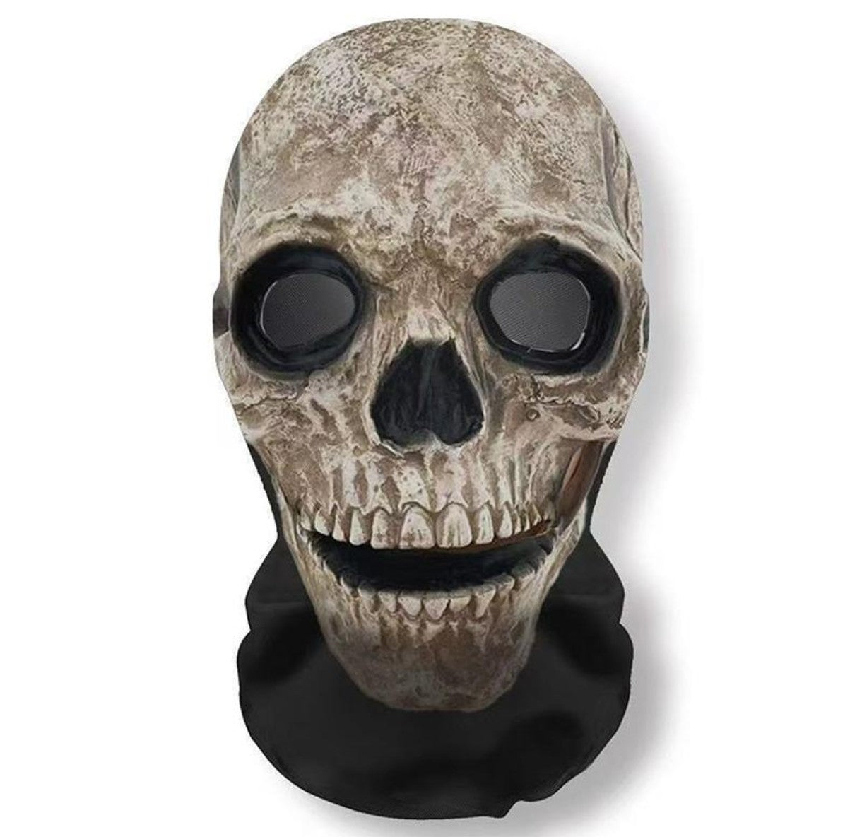 Skull-shaped mask with black eyes and mouth on a white background