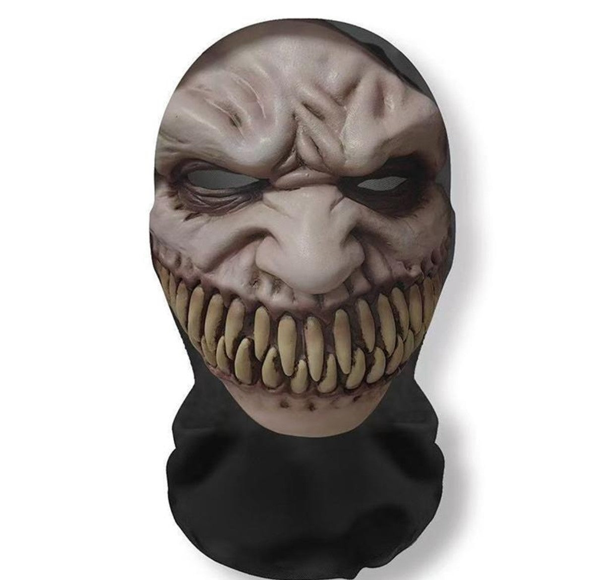 Horror-themed mask with a black hood on a white background