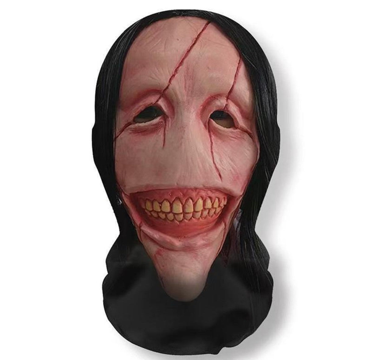 Horror-themed mask with black hair on a white background